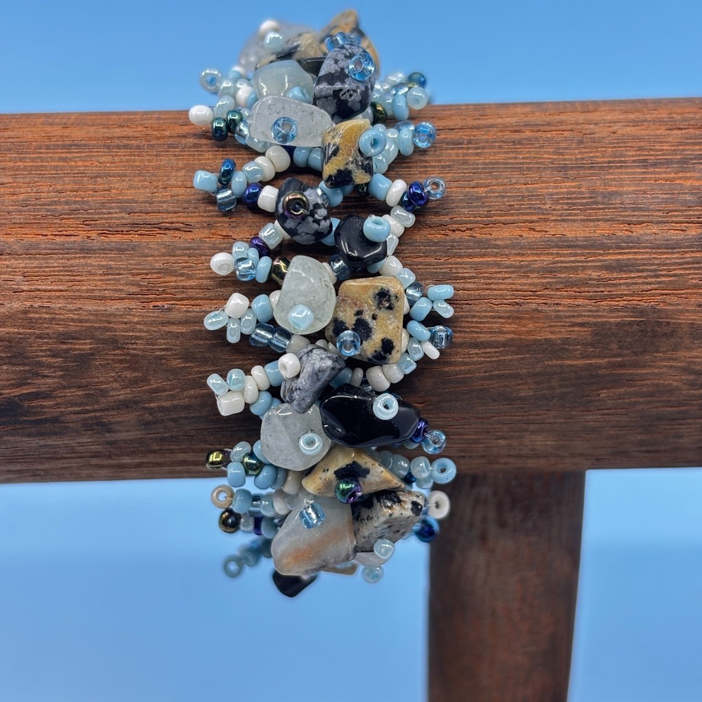Blue Seed Bead Mixed Stone Chip Bracelet Chunky Boho Cuff Statement Artisan